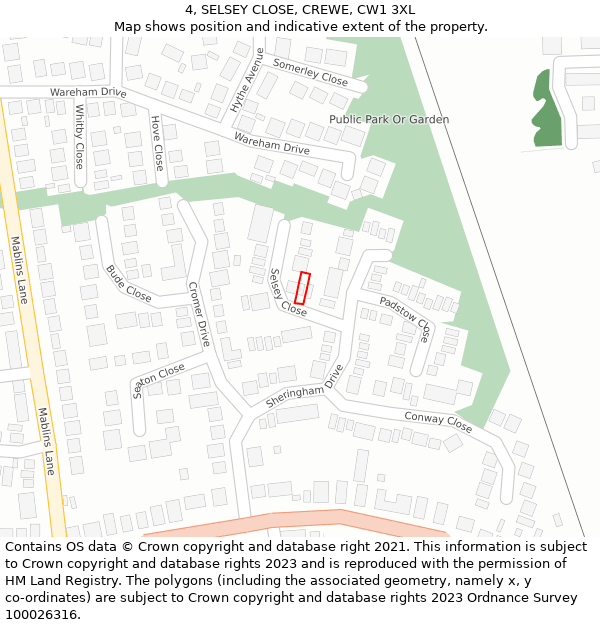 4, SELSEY CLOSE, CREWE, CW1 3XL: Location map and indicative extent of plot