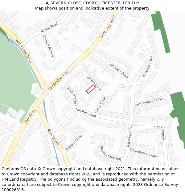 4, SEVERN CLOSE, COSBY, LEICESTER, LE9 1UY: Location map and indicative extent of plot