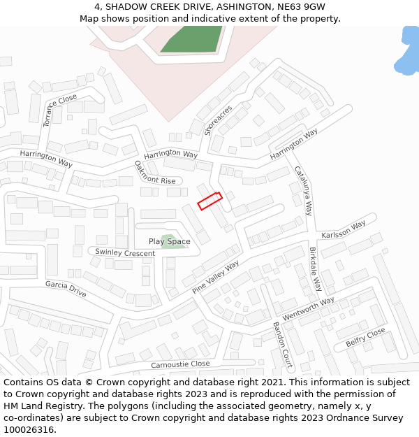 4, SHADOW CREEK DRIVE, ASHINGTON, NE63 9GW: Location map and indicative extent of plot