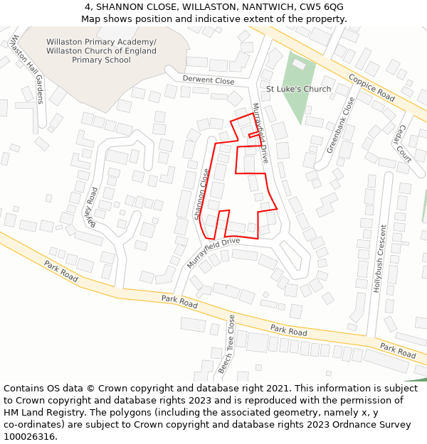 4, SHANNON CLOSE, WILLASTON, NANTWICH, CW5 6QG: Location map and indicative extent of plot