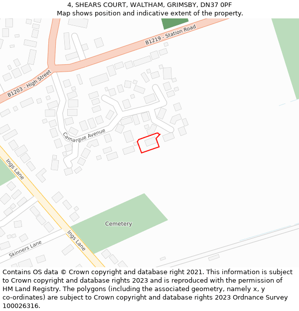 4, SHEARS COURT, WALTHAM, GRIMSBY, DN37 0PF: Location map and indicative extent of plot