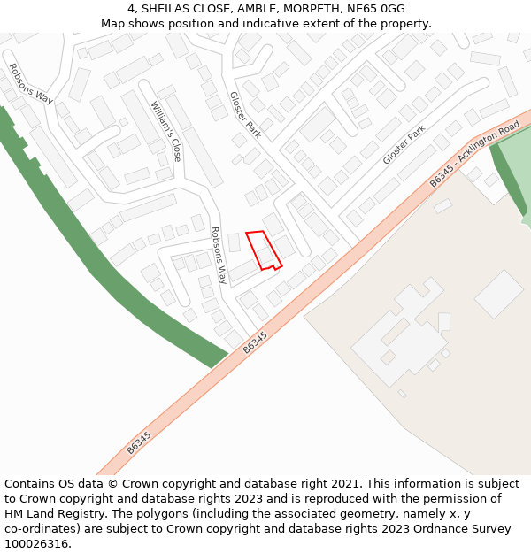4, SHEILAS CLOSE, AMBLE, MORPETH, NE65 0GG: Location map and indicative extent of plot