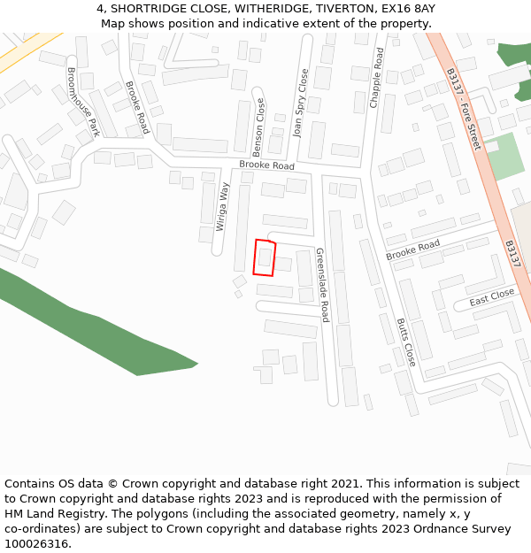 4, SHORTRIDGE CLOSE, WITHERIDGE, TIVERTON, EX16 8AY: Location map and indicative extent of plot