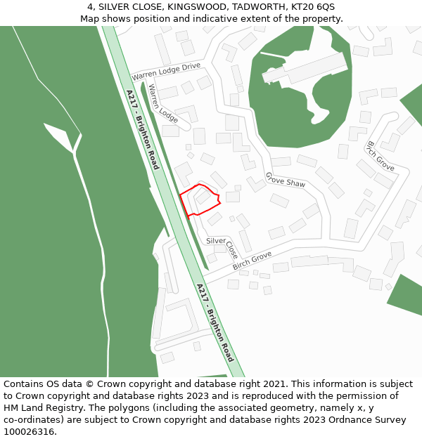 4, SILVER CLOSE, KINGSWOOD, TADWORTH, KT20 6QS: Location map and indicative extent of plot