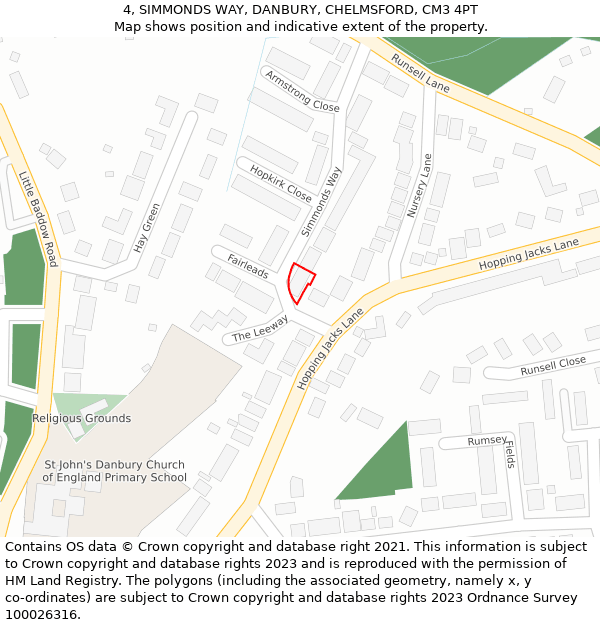 4, SIMMONDS WAY, DANBURY, CHELMSFORD, CM3 4PT: Location map and indicative extent of plot