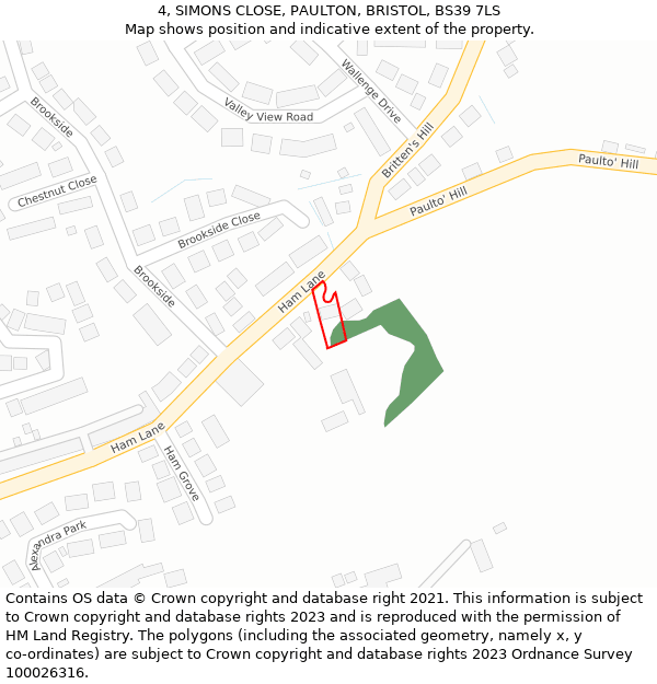 4, SIMONS CLOSE, PAULTON, BRISTOL, BS39 7LS: Location map and indicative extent of plot