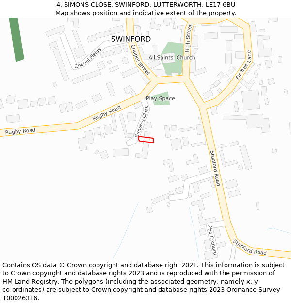 4, SIMONS CLOSE, SWINFORD, LUTTERWORTH, LE17 6BU: Location map and indicative extent of plot