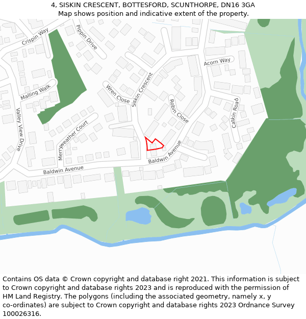 4, SISKIN CRESCENT, BOTTESFORD, SCUNTHORPE, DN16 3GA: Location map and indicative extent of plot