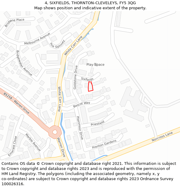4, SIXFIELDS, THORNTON-CLEVELEYS, FY5 3QG: Location map and indicative extent of plot