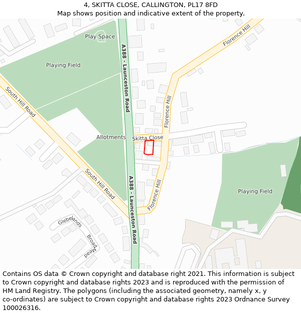 4, SKITTA CLOSE, CALLINGTON, PL17 8FD: Location map and indicative extent of plot