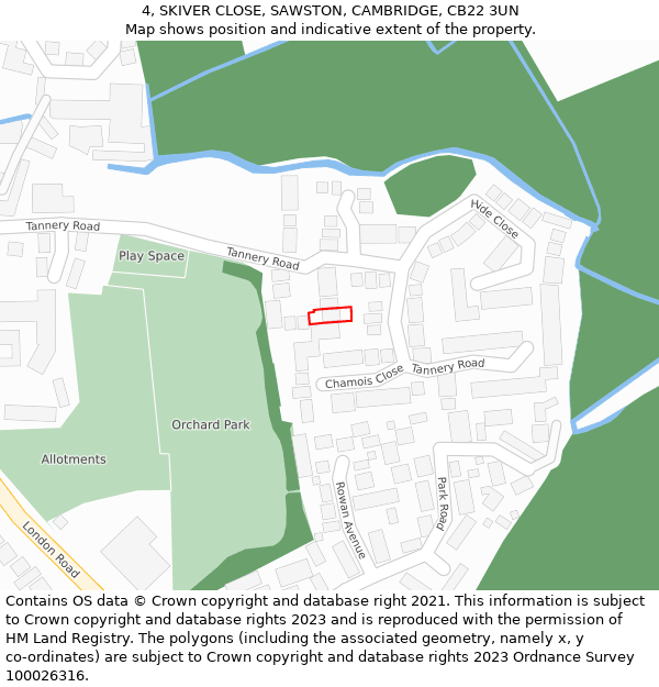 4, SKIVER CLOSE, SAWSTON, CAMBRIDGE, CB22 3UN: Location map and indicative extent of plot