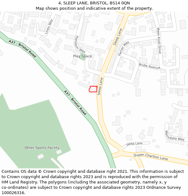 4, SLEEP LANE, BRISTOL, BS14 0QN: Location map and indicative extent of plot