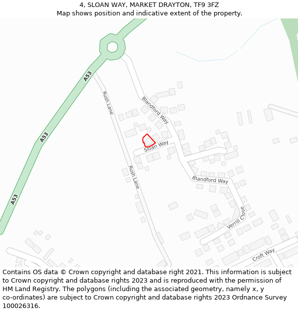 4, SLOAN WAY, MARKET DRAYTON, TF9 3FZ: Location map and indicative extent of plot