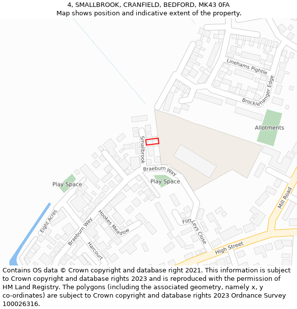 4, SMALLBROOK, CRANFIELD, BEDFORD, MK43 0FA: Location map and indicative extent of plot