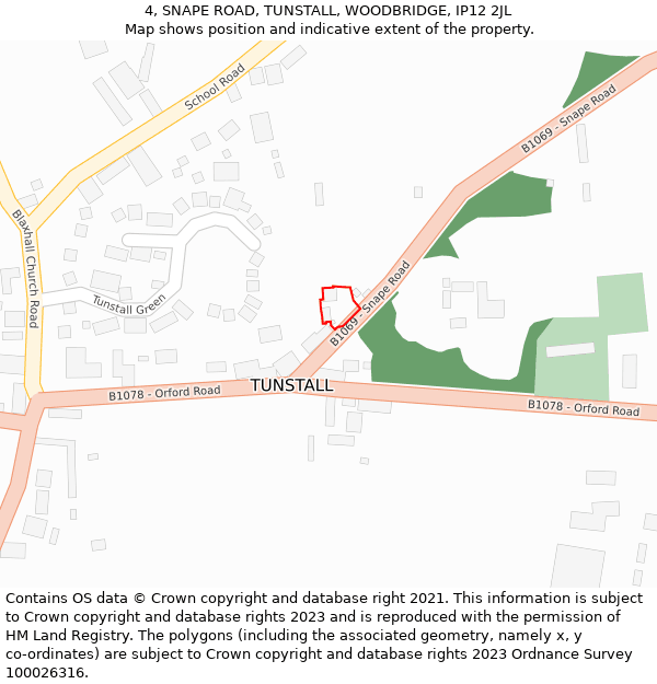 4, SNAPE ROAD, TUNSTALL, WOODBRIDGE, IP12 2JL: Location map and indicative extent of plot