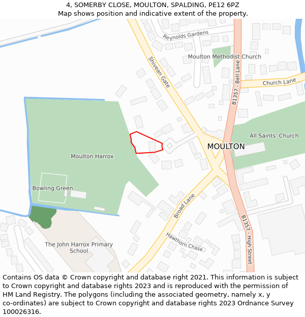 4, SOMERBY CLOSE, MOULTON, SPALDING, PE12 6PZ: Location map and indicative extent of plot