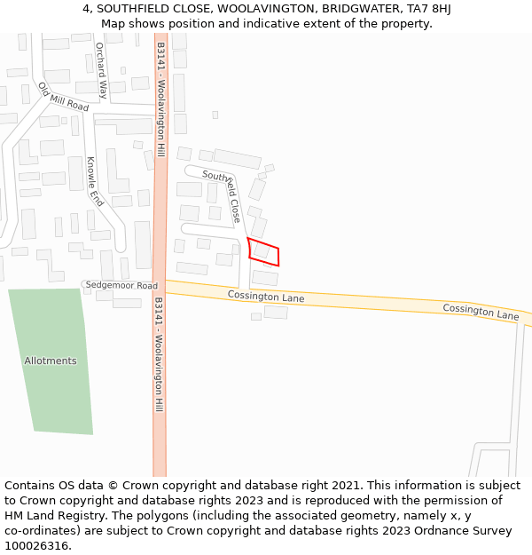 4, SOUTHFIELD CLOSE, WOOLAVINGTON, BRIDGWATER, TA7 8HJ: Location map and indicative extent of plot