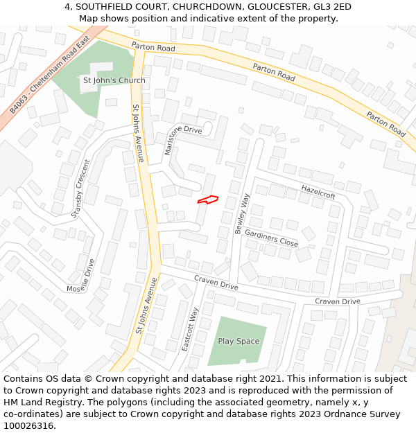 4, SOUTHFIELD COURT, CHURCHDOWN, GLOUCESTER, GL3 2ED: Location map and indicative extent of plot