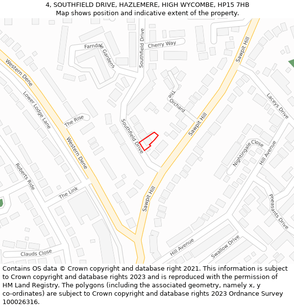 4, SOUTHFIELD DRIVE, HAZLEMERE, HIGH WYCOMBE, HP15 7HB: Location map and indicative extent of plot