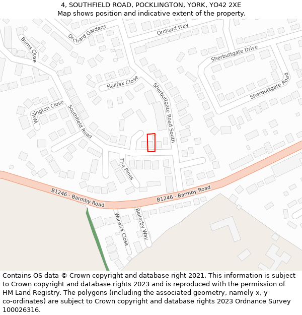 4, SOUTHFIELD ROAD, POCKLINGTON, YORK, YO42 2XE: Location map and indicative extent of plot