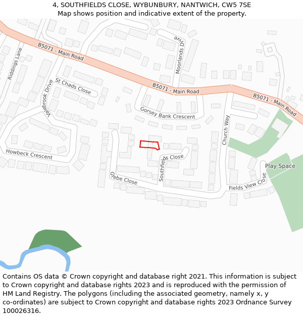 4, SOUTHFIELDS CLOSE, WYBUNBURY, NANTWICH, CW5 7SE: Location map and indicative extent of plot