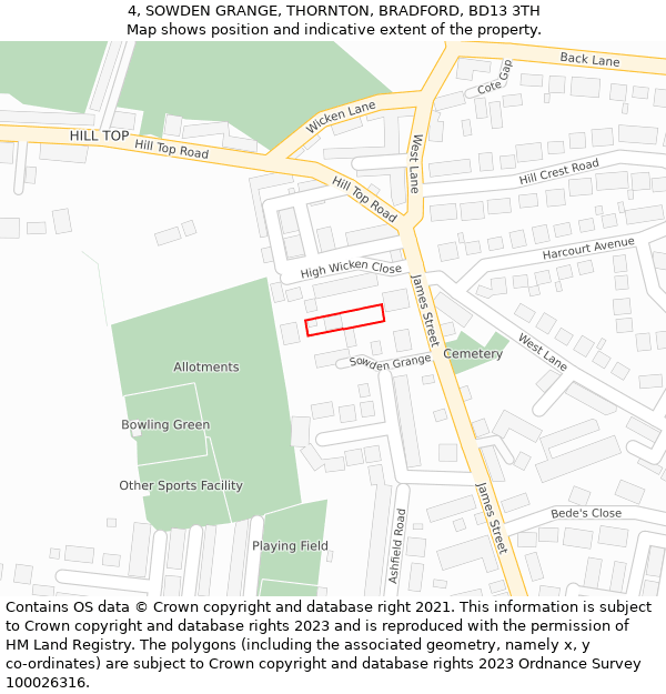 4, SOWDEN GRANGE, THORNTON, BRADFORD, BD13 3TH: Location map and indicative extent of plot