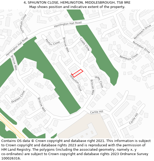 4, SPAUNTON CLOSE, HEMLINGTON, MIDDLESBROUGH, TS8 9RE: Location map and indicative extent of plot