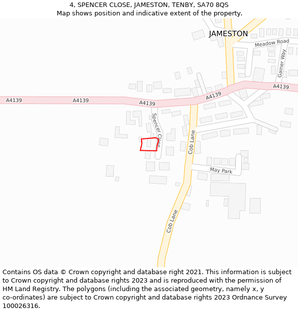 4, SPENCER CLOSE, JAMESTON, TENBY, SA70 8QS: Location map and indicative extent of plot