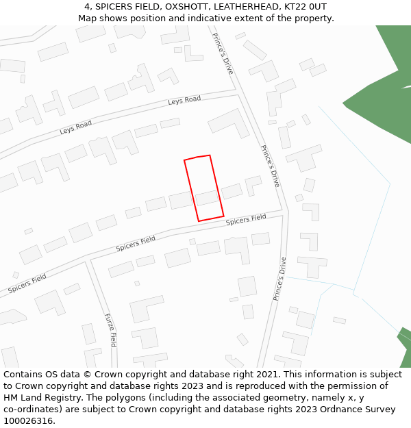4, SPICERS FIELD, OXSHOTT, LEATHERHEAD, KT22 0UT: Location map and indicative extent of plot