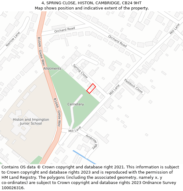 4, SPRING CLOSE, HISTON, CAMBRIDGE, CB24 9HT: Location map and indicative extent of plot