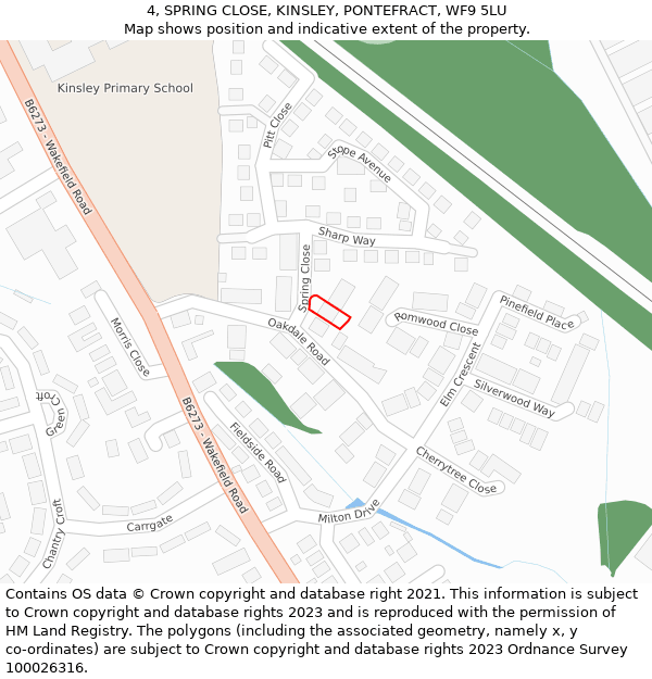 4, SPRING CLOSE, KINSLEY, PONTEFRACT, WF9 5LU: Location map and indicative extent of plot