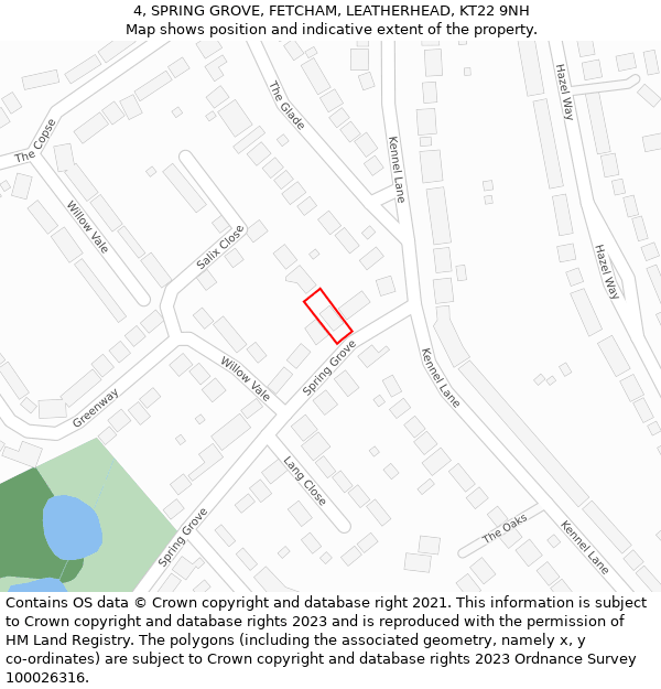 4, SPRING GROVE, FETCHAM, LEATHERHEAD, KT22 9NH: Location map and indicative extent of plot