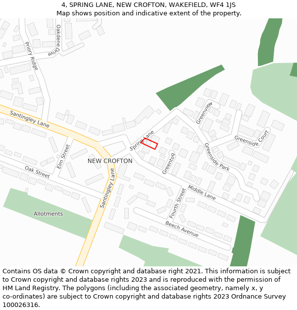 4, SPRING LANE, NEW CROFTON, WAKEFIELD, WF4 1JS: Location map and indicative extent of plot