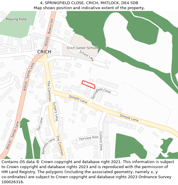 4, SPRINGFIELD CLOSE, CRICH, MATLOCK, DE4 5DB: Location map and indicative extent of plot