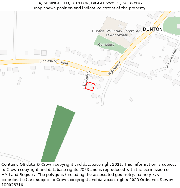 4, SPRINGFIELD, DUNTON, BIGGLESWADE, SG18 8RG: Location map and indicative extent of plot