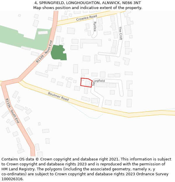 4, SPRINGFIELD, LONGHOUGHTON, ALNWICK, NE66 3NT: Location map and indicative extent of plot