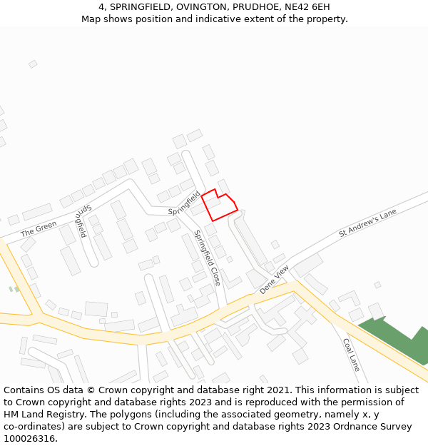 4, SPRINGFIELD, OVINGTON, PRUDHOE, NE42 6EH: Location map and indicative extent of plot