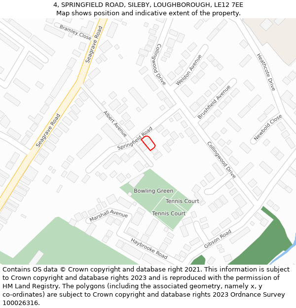 4, SPRINGFIELD ROAD, SILEBY, LOUGHBOROUGH, LE12 7EE: Location map and indicative extent of plot