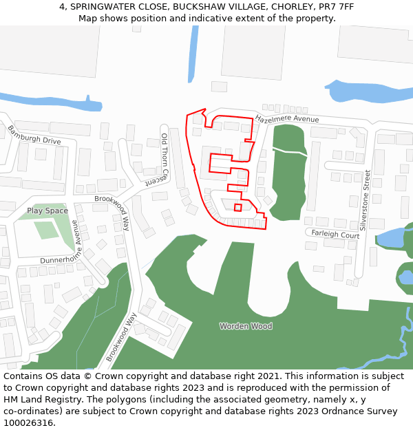 4, SPRINGWATER CLOSE, BUCKSHAW VILLAGE, CHORLEY, PR7 7FF: Location map and indicative extent of plot
