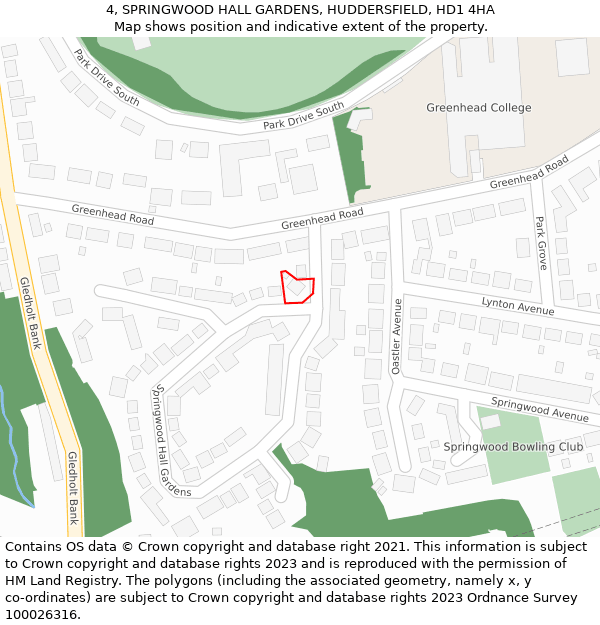 4, SPRINGWOOD HALL GARDENS, HUDDERSFIELD, HD1 4HA: Location map and indicative extent of plot