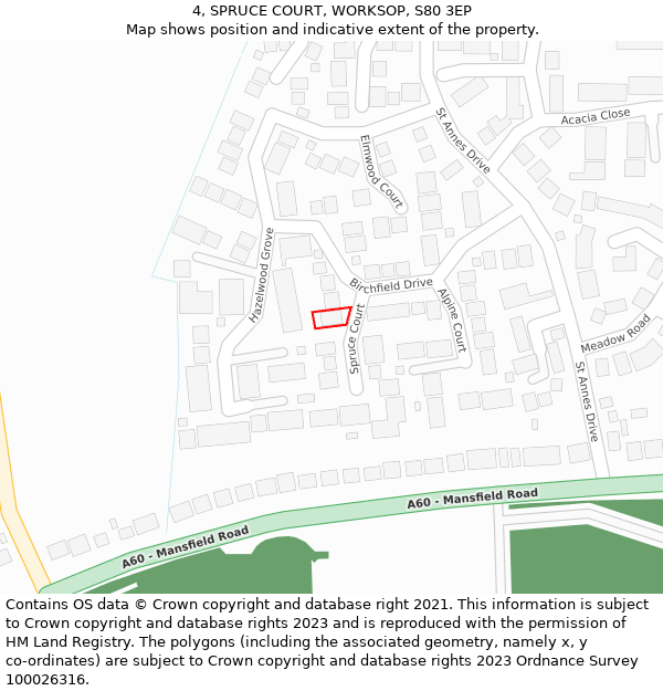 4, SPRUCE COURT, WORKSOP, S80 3EP: Location map and indicative extent of plot