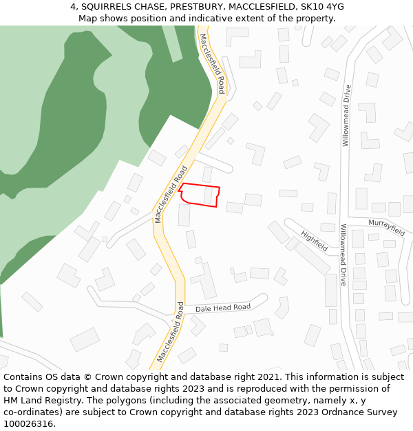 4, SQUIRRELS CHASE, PRESTBURY, MACCLESFIELD, SK10 4YG: Location map and indicative extent of plot