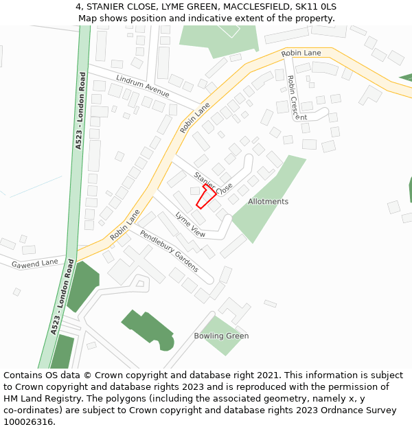 4, STANIER CLOSE, LYME GREEN, MACCLESFIELD, SK11 0LS: Location map and indicative extent of plot