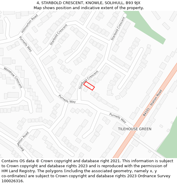 4, STARBOLD CRESCENT, KNOWLE, SOLIHULL, B93 9JX: Location map and indicative extent of plot