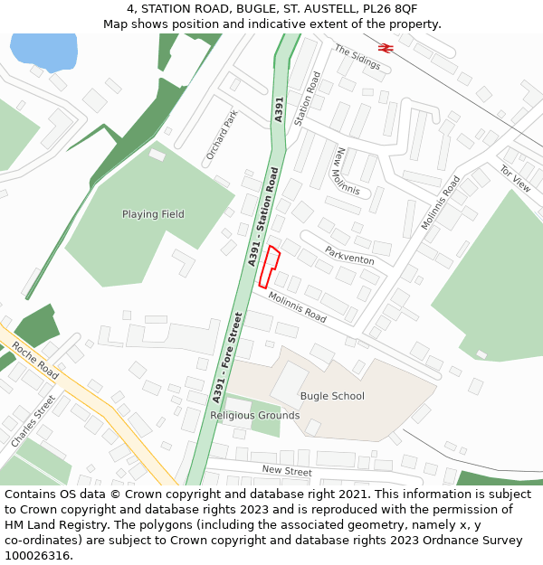 4, STATION ROAD, BUGLE, ST. AUSTELL, PL26 8QF: Location map and indicative extent of plot