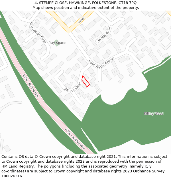 4, STEMPE CLOSE, HAWKINGE, FOLKESTONE, CT18 7PQ: Location map and indicative extent of plot