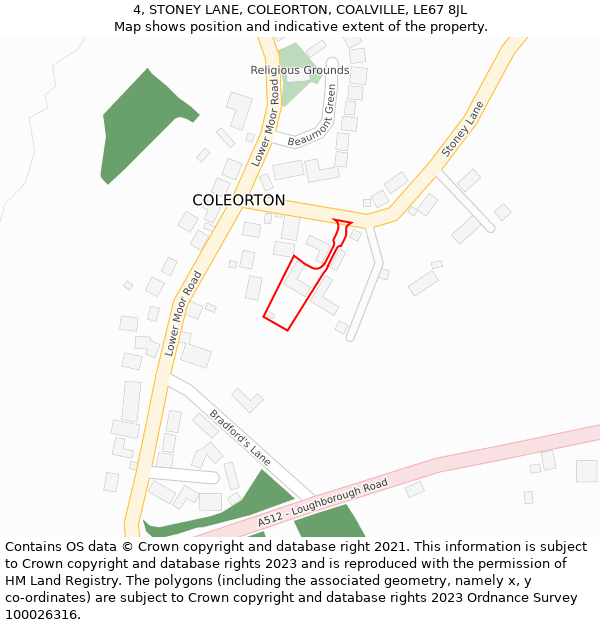 4, STONEY LANE, COLEORTON, COALVILLE, LE67 8JL: Location map and indicative extent of plot