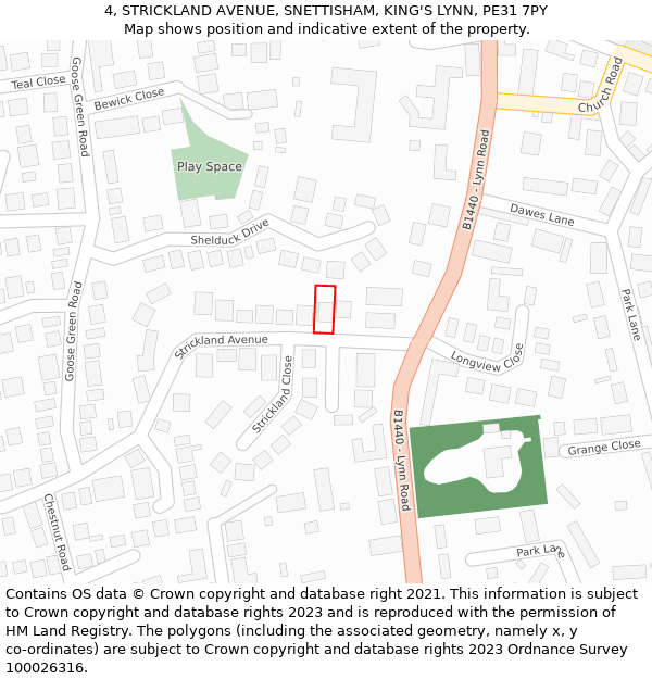 4, STRICKLAND AVENUE, SNETTISHAM, KING'S LYNN, PE31 7PY: Location map and indicative extent of plot