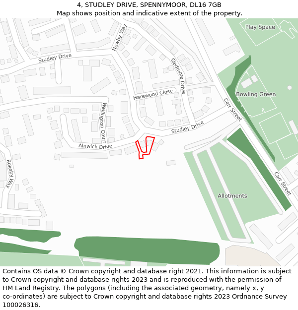 4, STUDLEY DRIVE, SPENNYMOOR, DL16 7GB: Location map and indicative extent of plot