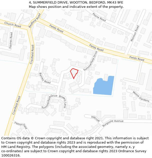 4, SUMMERFIELD DRIVE, WOOTTON, BEDFORD, MK43 9FE: Location map and indicative extent of plot